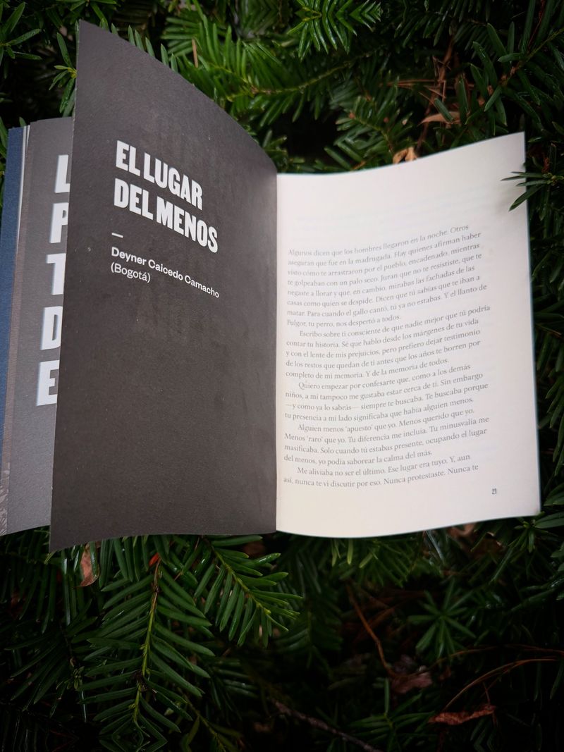 The opening pages of El lugar del menos by Deyner Caicedo Camacho in Vení, te leo, volume 2, resting on evergreen branches